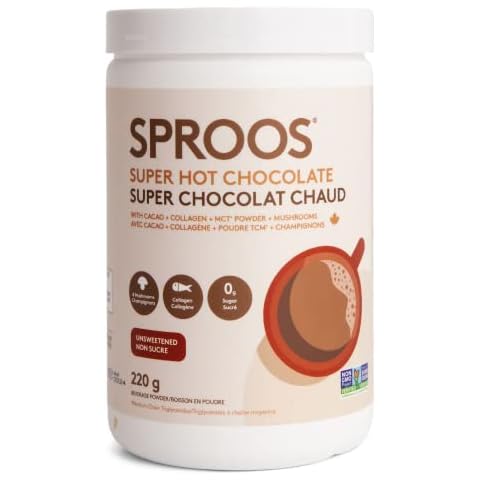 SPROOS Super Hot Chocolate | Organic Raw Cacao Powder, Premium Wild-Caught Marine Collagen, MCT Powder & A Blend of Four Mushrooms | Unsweetened, 220 g Tub (22 Servings) Cover