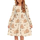 Cute Capybara Dress for Girls Fall Vacation Comfy Cute Graphic Flowy Swing Dresses Size 6-8 Casual Long Sleeve Crew Neck Elegant Party Midi Button Down Deress