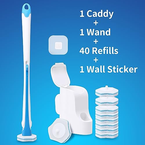 Image of Disposable Toilet Brush with 40PCS Refills, Wall Mounted Compact Bathroom Bowl Wand Cleaning System Long Handle with Storage Caddy