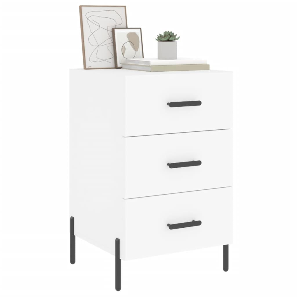 Comodino bianco in legno multistrato con piedini in ferro 40x40x66 cm, mobiletto moderno con cassetto e ripiano, contenitore salvaspazio per camera da letto, soggiorno, ufficio, corridoio