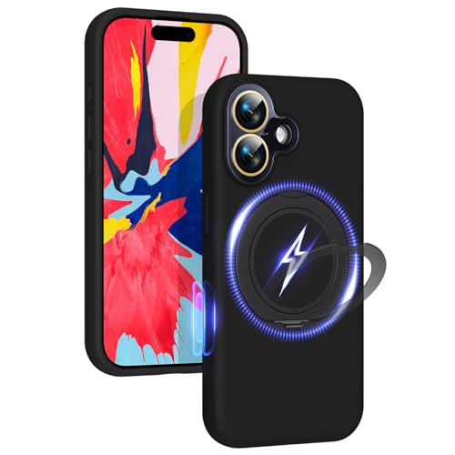 Image of Silicone 360 Spin Magnetic Stand Case for iPhone 17, [Compatible with Mag-Safe][Reinforced Hard Camera Protection]Shockproof Liquid Silicone Rubber Phone Case Cover with Ring, Camera Button, Jet Black
