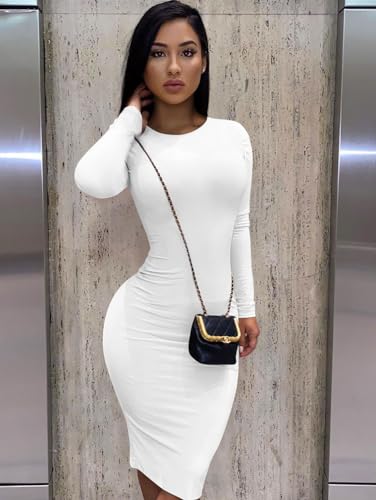 Image of XXTAXN Women's Sexy Bodycon Long Sleeve Round Neck Work Office Maxi Pencil Dress White, Small