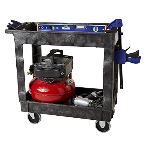 Rubbermaid Commercial Products 2-Shelf Service/Utility Cart With Wheels, 300-Pound Capacity, Black, Lipped Shelves With Handle, Use In School/Restaurant/Warehouse/Manufacturing #TOP3