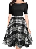 oxiuly Women's Vintage Plaid Patchwork Off Shoulder Pockets Casual Work Party Swing Midi Dress OX232