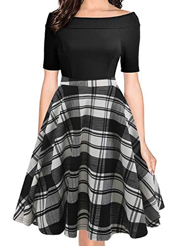 Oxiuly Women's Vintage Plaid Patchwork Off Shoulder Pockets Casual Work Party Swing Midi Dress Ox232 (L, B-White Plaid) #TOP12
