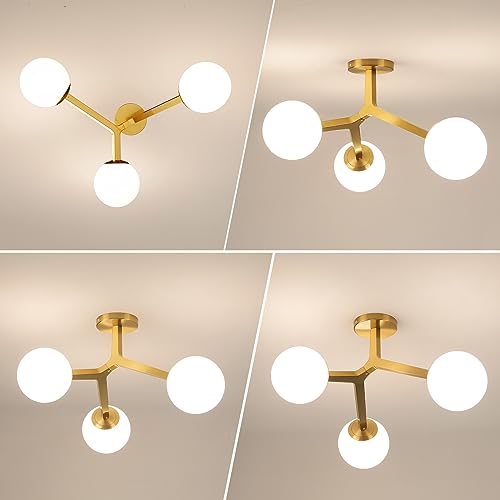 Image of Semi Flush Mount Ceiling Light Fixture 3-Light Modern Gold Sputnik Chandelier with Globe Milky Frosted Glass Shade E12 Sputnik Ceiling Light for Kitchen, Hallway Light Fixtures Ceiling