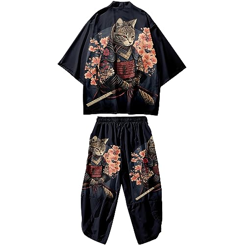 Image of DOSLAVIDA Men's Japanese Kimono Cardigan Suit Chinese Style Printed Jacket Pants Set Open Front Seven Sleeve Top & Shorts