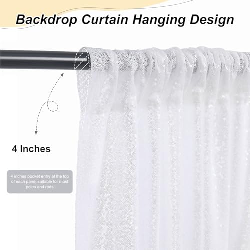 Image of White Sequin Backdrop Curtains-4 Panels 2FTx8FT White Backdrop for Valentines Day, Glitter Party Decorations Background Drapes for Wedding Birthday Anniversary Graduation Photo Booth Decor