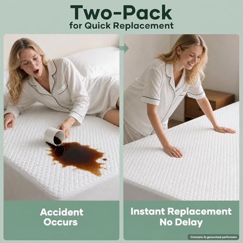 Image of OhGeni 100% Waterproof 2 Pack King Size Mattress Protector, Soft Mattress Pad Deep Pocket, Cooling, Breathable Fitted Sheets, Washable Bed Cover Over 99 Count Hex Bumps