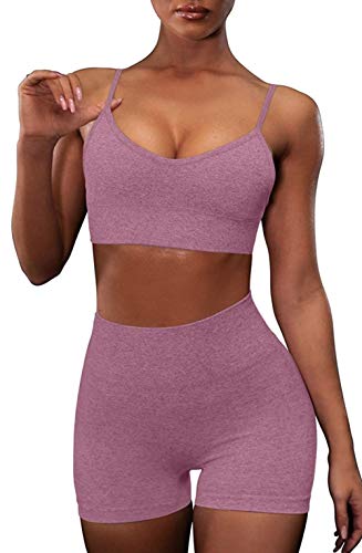 OLCHEE Womenâ€™s Workout Set 2 Piece Tracksuit - Seamless High Waist Shorts Leggings and Sports Bra Yoga Outfits - Purple Size M