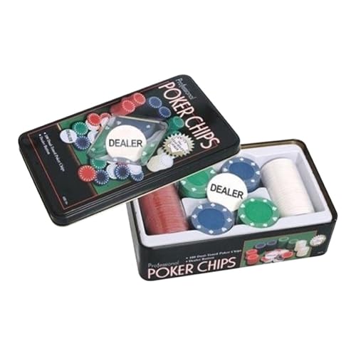 OXYN Set da Poker Gioco Professionale 100 Fiches Chip 38,5 x 2,7 mm con Numero Disegno Scatola Cofanetto in Metallo per Texas Hold'em Omaha Blackjack Carte Giochi da Tavolo con bottone Dealer B