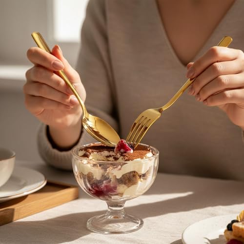 Image of 20 Pcs Gold Cutlery Set for Dining Table the Perfect Mirror Polish Hevy Duty Tableware Including Dinner Spoon, Dinner Fork, Dinner Knife, Dessert Spoon & Dessert Fork