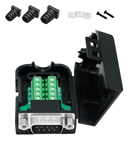 Image of DTECH DB9 Breakout Connector Male RS232 Connector Kit Serial Adapter DB-9 Solderless Module Board with Terminals Block, Case, Nuts and Tail Pipes (DB9 Male + Nuts)