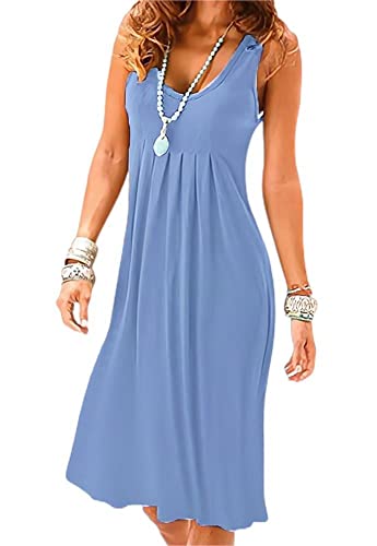 Image of Camisunny Women Casual Loose Tank Dresses Sleeveless Beach Vacation Dress Swing Pleated U Neck Fashion Soft