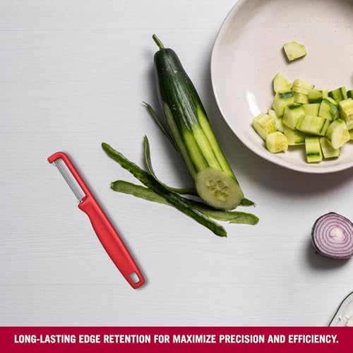Image of Victorinox Swiss Made Stainless Steel Swiss Classic Iota Peeler, Serrated Double-Edge Peeler for Professional and Household Kitchen, Red, Soft Skin Fruit & Vegetable Peeler | 6.0943.1