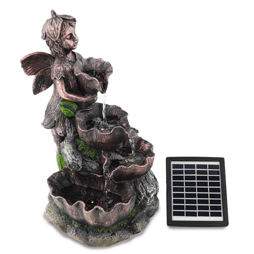 GEEZY Solar Water Features for the Garden – Outdoor Fairy Fountain with LED Lights – Solar Powered, Self-Contained – Easy Setup, Relaxing & Cascading – Ideal for Garden, Patio & Balcony Decor