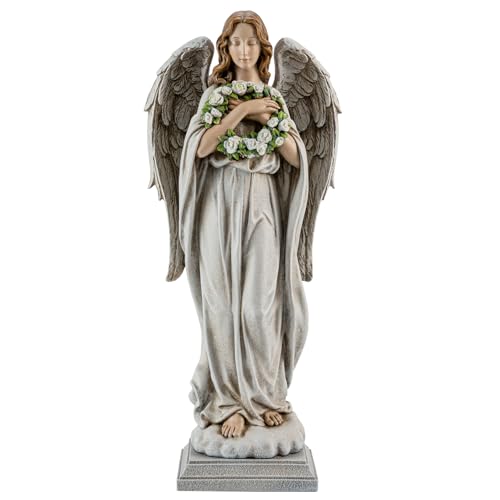 ShineOnAngel Gartenengel mit Blumenkranz, Statue, 40,6 cm, Engel mit Blume, Outdoor-Statue, Gedenkengel, Outdoor-Dekoration