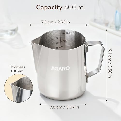 Image of AGARO Milk Frothing Pitcher - 600ml Stainless Steel Coffee Jug with Latte Art Pen | Durable 304 Grade Steel Espresso Pitcher for Milk Frothing, Cappuccino & Barista Tools