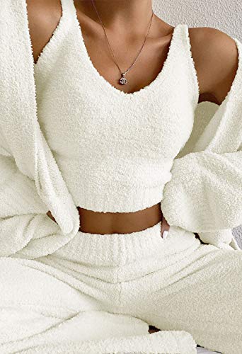 Fixmatti Women's Fuzzy 3 Piece Sweatsuit Open Front Cardigan Crop Tank Tops Wide Legs Pants Lounge Sets3