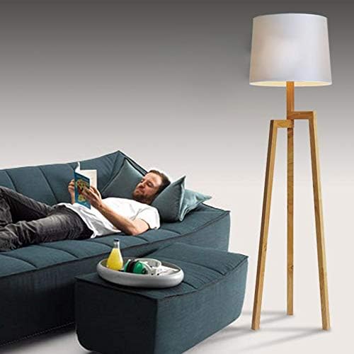 LITFAD Wood Tripod and Fabric Drum Shaded Floor Lamp in Designer Style LED Bedside Nightstand Lamp for Living Room Bedroom Hotel