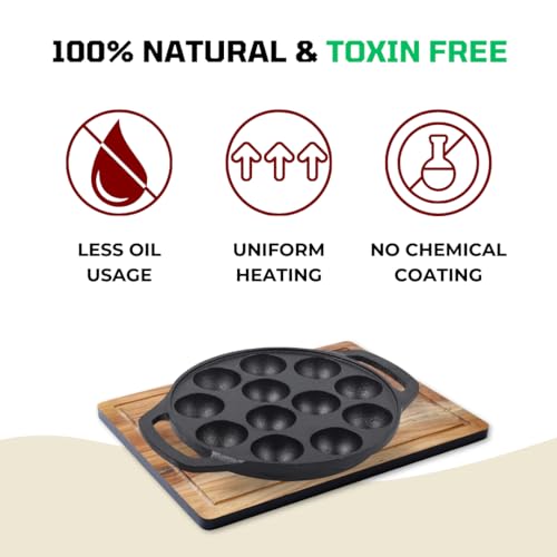 Image of Pencil Pre-Seasoned Cast Iron Appam Patra 12 Pit | Paniyaram Pan | Paniyarakkal /Appe /Litti /Paddu /Ponganalu | Compatible - Gas Stoves & Induction | Nonstick | Toxin-Free | No Chemical Coating | Black