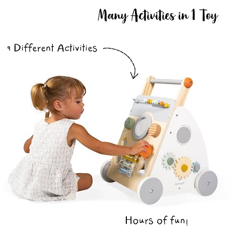 Janod - Sweet Cocoon Multi-Activity Laufwagen - Lauflernwagen aus Holz - 9 Aktivitäten - Leise Räder, Wasserbasierte Farben - Kinderspielzeug ab 1 Jahr, J04410