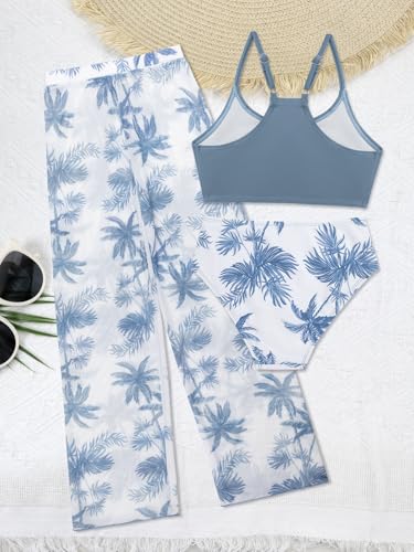 Image of SHEKINI Girls 3 Piece Printed Swimsuit High Waist Bikini Set with Cover Up Pants
