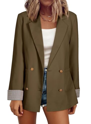 Happy Sailed Womens Blazers for Work Casual Plaid Cuff Long Sleeve Fashion Blazer Jackets Lapel Collar Open Front Double Breasted Business Work Suits with Pockets Brown Medium