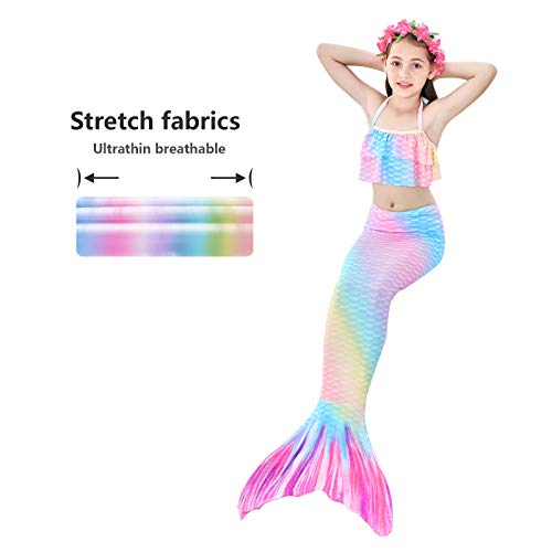 Bxysxly Conjunto de biquíni infantil com 5 peças de cauda de sereia para natação para meninas, biquí