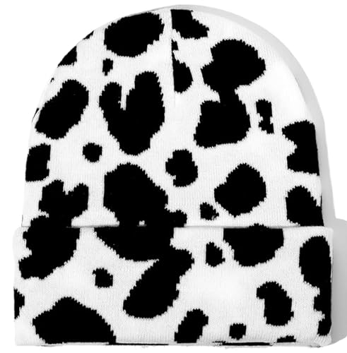 DadaFash Cow Print Knit Beanie Hat for Women Men Soft Stretch Cuff Beanie Classic Animal Print Winter Warm Skull Cap for Cow Print Lovers