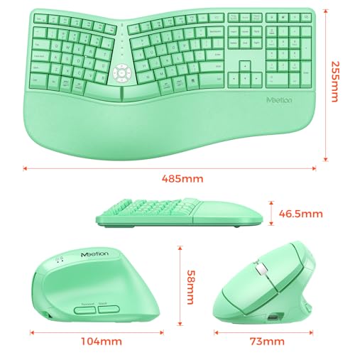 Image of MEETION Ergonomic Keyboard and Mouse, Wireless Keyboard with Vertical Mouse, Split Curved Keyboard with Wrist Rest, USB C Rechargeable Full Size, Windows /Mac /PC /Laptop, Green