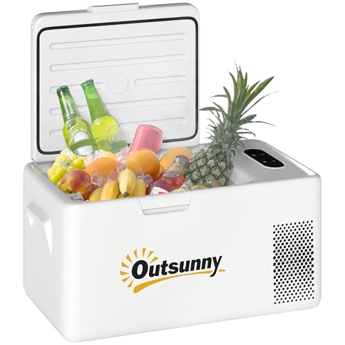 Outsunny Nevera Portátil Eléctrica 16,8L Refrigerador de Coche 12/24/220V con Compresor Luz LED Pantalla Digital Modos ECO y MAX de -20℃ a +20 ℃ Puerto USB para Hogar Camping Viajes Automóvil