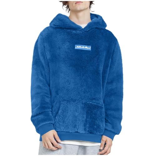 Fuzzy Fleece Hoodie Men Long Sleeve Sport Casual Pullover Loose Solid Color Fall Winter Hooded Sweatshirt With Pocket