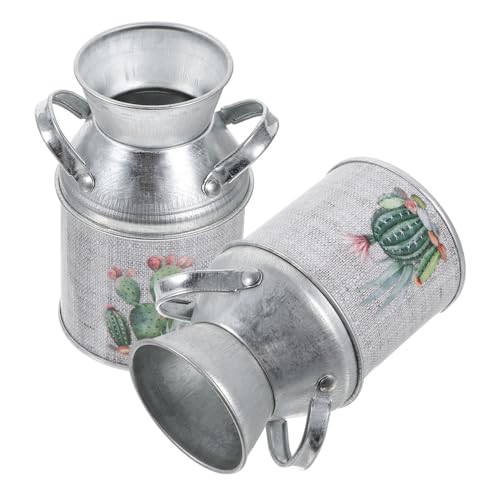Vaso Da Fiori In Metallo Zincato Vintage, Set Da 2 Con Manico In Corda, Misure 18.5x22 Cm E 23x25 Cm, Per Piante E Decorazione