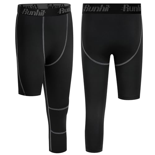 Runhit 3/4 One Leg Boys Compression Leggings,Athletic Tights Basketball Compression Pants,Youth Boys Base Layer Pants2