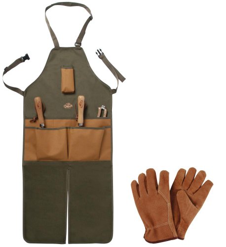 Preisvergleich Produktbild Esschert Design Set: Lange Gartenschürze mit Taschen, inklusive Gartenhandschuhe, Lederhandschuhe, Länge