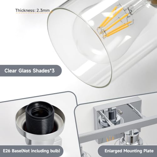 Image of 3 Light Bathroom Light Fixtures,17 inch Polished Chrome Vanity Lights | Modern Vanity Lights over Mirror with Clear Glassshades,Farmhouse Bathroom Wall Sconece over Sink,E26 Base
