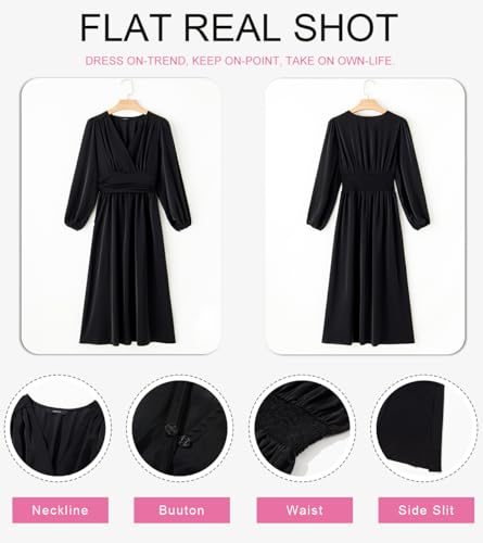 Image of Dokotoo Womens Wrap V-Neck Empire Waist Dress Lantern Sleeve Ruched Side Slit Elegant Maxi Dress