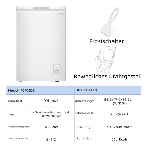 CHiQ FCF98DE Gefriertruhe 99 L, 54,5 x 47,6 x 83,5 cm, 4-Sterne-Gefrieren, Thermostatsteuerung, Drahtgestell, Schwebetür, Geräuscharm, Weiß