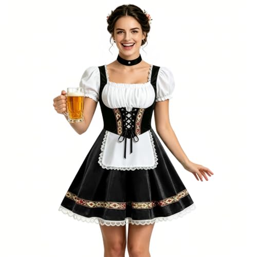 HAPNBCELE Women Oktoberfest Costume Bavarian Dirndl Dress (Black, S)