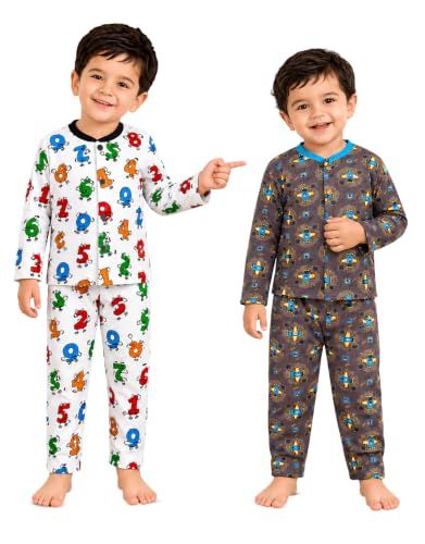 Image of 3BROS Kids Pure Cotton Night Suit Set | Boys Girls Printed Sleepwear Shirt & Pajama Clothing Combo | Soft Breathable Night Dress Outfit | Pack of 2