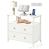 27 inch Wide Nightstand with Charging Station Bedside Table with Open Shelf 2 Drawers Small Wood Dresser End Side Table for Bedroom White