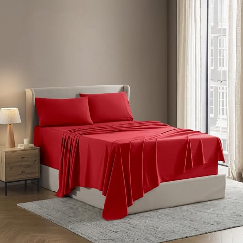 Image of Nestl Split King Bed Sheet Set - Red - 5-Piece Deep Pocket | Instantly Soft, Night-One Ready (No Wash Required). Fits 16-Inch Deep Pockets, 360-Degree Elastic Grip