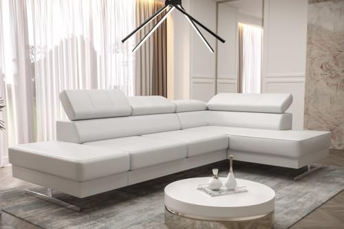 Emporio Mini Canapé d'angle 300 x 180 cm en cuir véritable, moderne, avec appuie-têtes réglables, pieds argentés, canapé d'angle gauche ou droite au...
