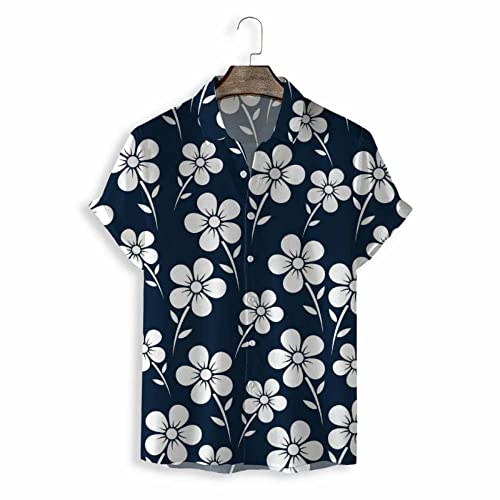 Chemise hawaïenne homme bleu marine à fleurs blanches pour la plage