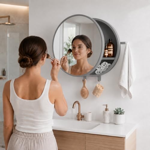 Image of CIPLA PLAST Rich Look Bathroom Cabinet with Mirror | Storage Organiser | Strong Plastic Bathroom Shelves Wall Mounted | Bathroom Accessories| Mirror Cabinet (2, Metellic Grey, Round)