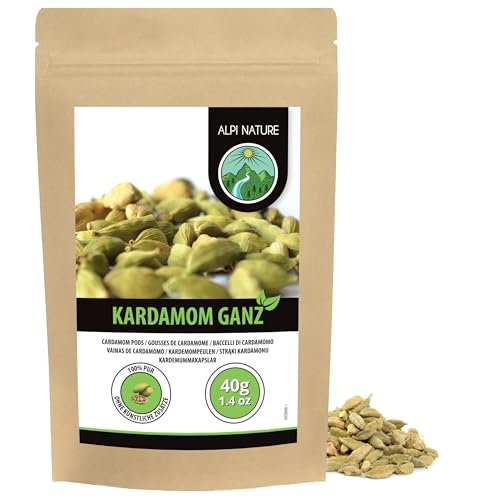 Alpi Nature Cardamomo Entero 40g, Vainas de Cardamomo Verde Enteras con Semillas para Cocinar