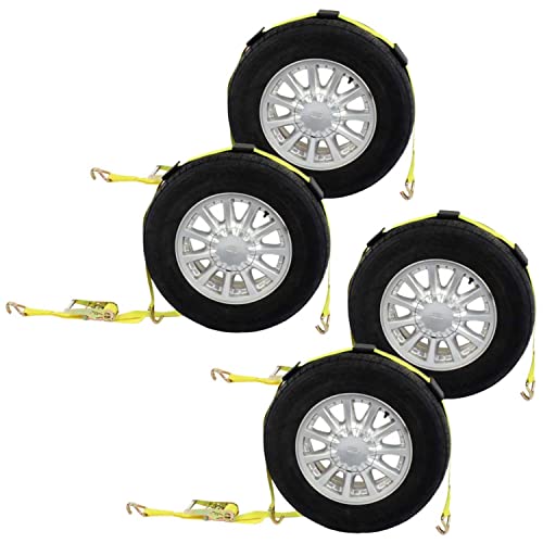 US Cargo Control Wheel Strap with Wire Hooks, Adjustable Rubber Blocks, and Ratchet, 2-Inch Wide Polyester Webbing, Great for Hauling Low-Profile Vehicle, 3,333 Pound Working Load Limit, 4 Pack
