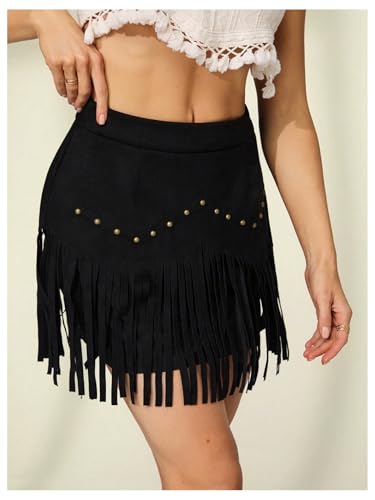 Verdusa Women's Faux Suede Fringe Hem Mini Skirts Cowgirl Western High Waisted Bodycon Skirt3