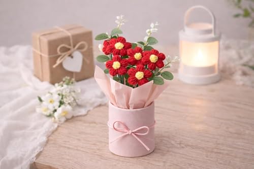 Image of Raggle Red Artificial Flower Crochet Flower Bouquet /Artificial Flowers Bunch /Crochet Flowers Bouquet /Crochet Flowers /Flowers Bouquet Gift for Girls Home Decor (1, Red)